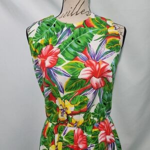 Rafferty Green Tropical Floral Sleeveless Garden Party Dress Size 11 100% Cotton